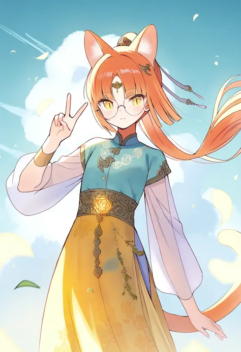 solo,
1femboy, skinny, light orange cat ears, light orange cat tail, ponytail, air_ bangs, (light orange hair), yellow eyes, slit pupils, round glasses,
hanfu, hair ornament, mamian skirt, woven gold, embroidery, floral ornament,
sky, cloud, sunday, detail...