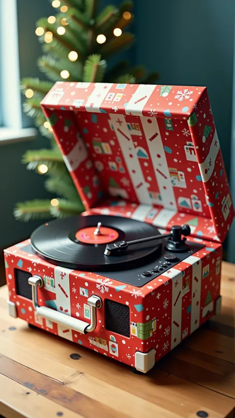 A video game graphic image of a wrapped in christmas paper, ChristmasWrapped vintage-style record player stand. Entirely wrapped up in christmas paper. Entirely wrapped in christmas wrapping paper, shaped like the object.
<lora:ChristmasWrappedFlux:0.6>