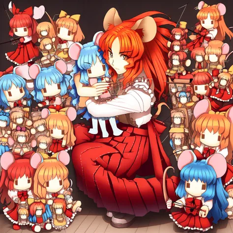 sitting, glint, squatting, cowboy shot, doll hug, red hair, orange hair, blue hair, pantyhose, instrument, animal print, holding arrow, mouse ears, sisters, hair bun, nail polish, red hakama, drawing bow, frilled apron, ribbon trim