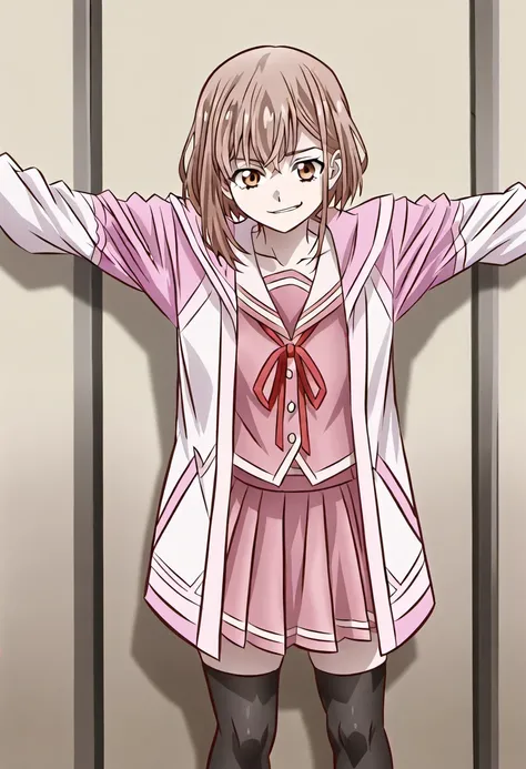 1girl, solo, kasumi renge, brown eyes, short hair, brown hair, collarbone, 
school uniform, red ribbon, pink shirt, pink jacket, pink skirt, black thighhighs, serafuku, shoes,
looking_at_viewer, leaning_against_wall, urban_setting, faint_smirk_with_one_eye...