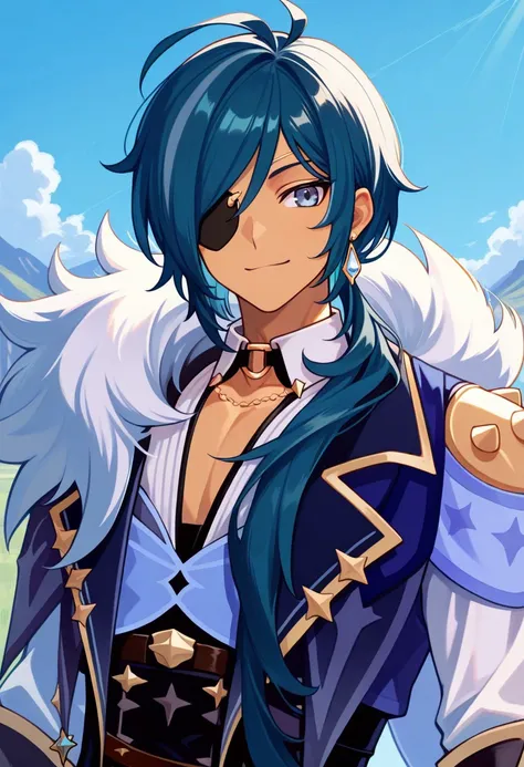 masterpiece, best quality, 
kaeya, 1boy, male focus, solo, dark skin, dark-skinned male, blue eyes, eyepatch, blue hair, bangs, antenna hair, long hair, ponytail, hair over shoulder, jewelry, earrings, shirt, blue shirt, jacket, blue jacket, fur trim, cape...