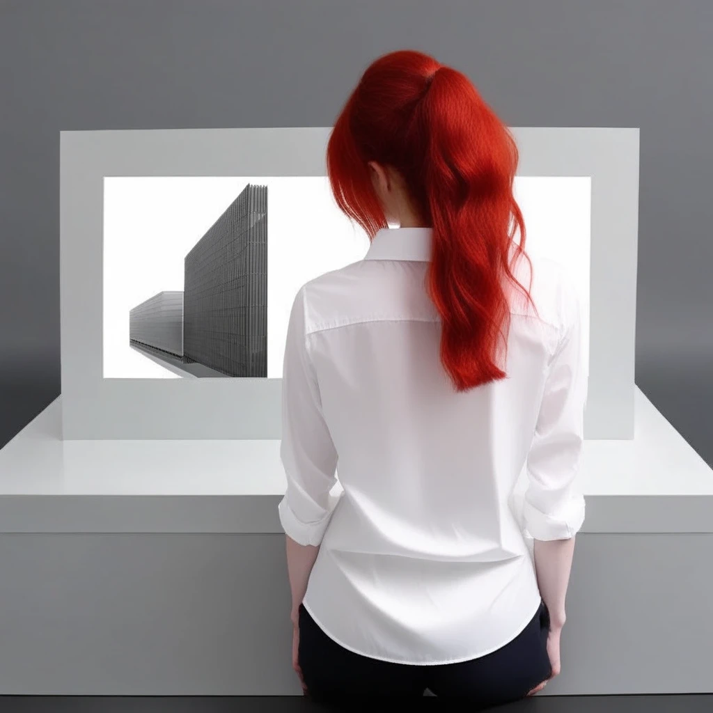 building, white shirt, from behind, still life, grey background, red hair