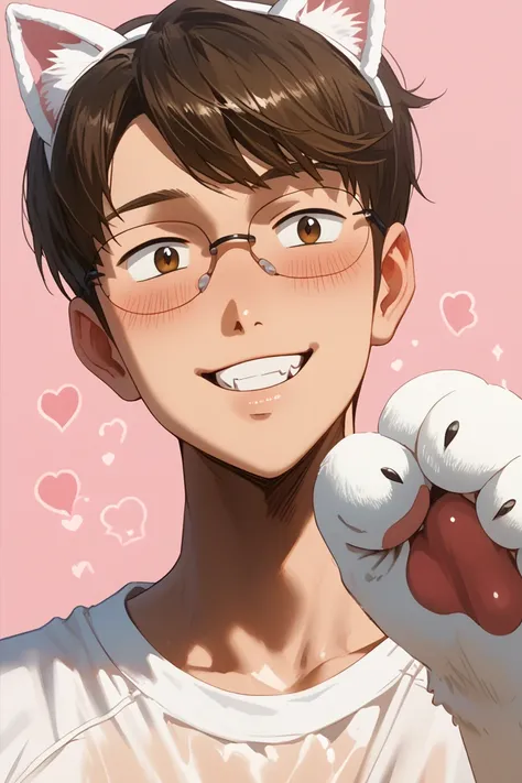 score_9, score_8_up, score_7_up, source_anime, rating_explicit, realistic shading, natural lighting, male focus, looking at viewer, cute expressive face, smiling, asadada, asadada_glasses, brown_asadada_male hair, brown eyes, 1boy, head tilt, blush lines, ...