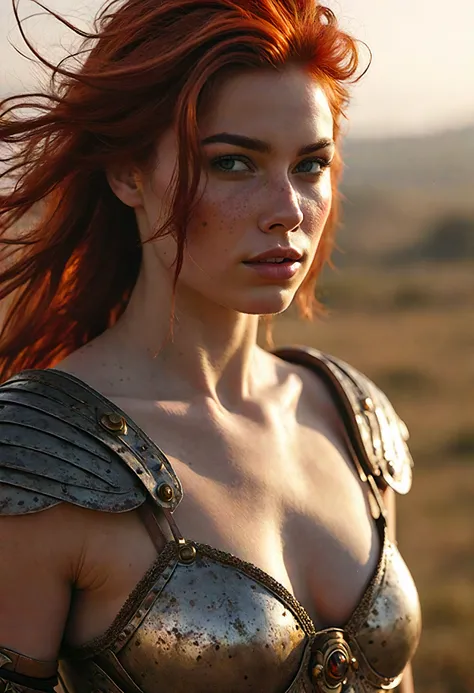 full body shot of a 24 year old redhead greek goddess,large chest,no armor,in a battlefield,winking at the viewer,golden hour,foggy,windswept hair,regal pose,pale white skin with freckles,over the shoulder view,Ultra-HD-details,Hyperrealistic art cinematic...