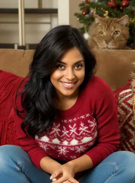 1girl, detailed skin texture, ohwx, dark skin, indian, long black hair, dark eyes, brown eyes, , lips, large breasts, smile, wearing a Christmas jumper, jeans, sitting on a couch, , photorealistic, , 8k, uhd, high quality, ultra detailed, masterpiece quali...