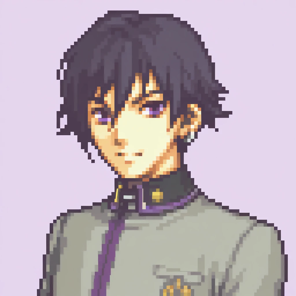 masterpiece, best quality, solo, 1boy, looking at viewer,  <lora:FEGBA-PortraitsV2-illus_Fp:1>, portrait, pixel art, simple background, upper body, <lora:Naoya-illus_Fp:1>, naoyap1, black hair, purple eyes, school uniform, hair between eyes, short hair, si...