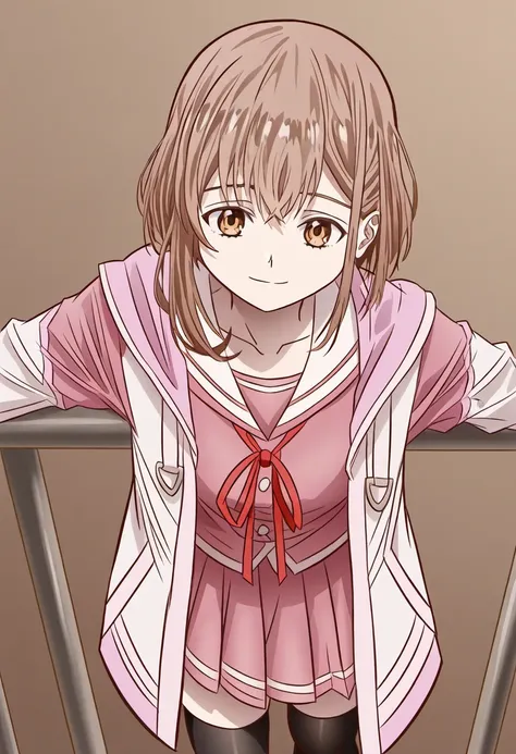 1girl, solo, kasumi renge, brown eyes, short hair, brown hair, collarbone, 
serafuku, red ribbon, pink shirt, pink jacket, pink skirt, black thighhighs, shoes,
looking_down_at_viewer, leaning_forward, moonlit_balcony, warm_smile_with_half-lidded_eyes, hand...