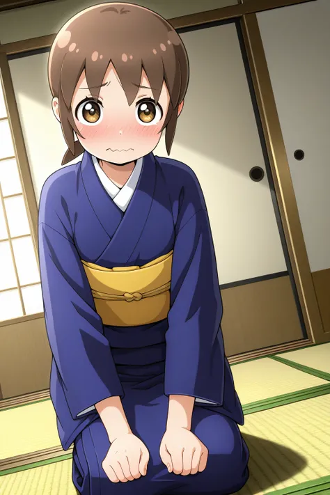 masterpiece, best quality, amazing quality, absurdres, solo, sekioriko, wavy mouth, shy, awkward, seiza, sitting, on ground, short, small, dutch angle, looking at viewer, short brown hair, blue kimono, yellow obi, indoors, ryokan, tatami, sliding doors