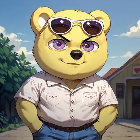 score_6_up, score_7_up, score_8_up, score_9, 1boy, male, solo, bear, yellow fur, purple eyes, White polo shirt, jeans ((one hand on pocket)), outdoors, sunglasses on the head, looking at viewer, face shot, shortstack, big nose, cartoon, smile, front view