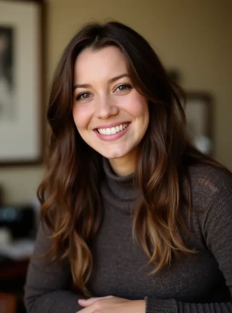 portrait of n4th4l4d1ll woman, on a office, serene and warm, natural lighting, soft focus, high-resolution, elegant and introspective atmosphere, quiet sophistication, wearing a turtleneck yarn blouse, smile

