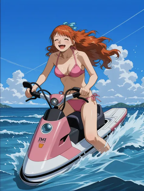 <lora:mikura-momomi-v4-illustrious-000009:0.9> imo0m1, long hair, hair ribbon, pink bikini, side-tie bikini bottom, 1girl, ocean, clouds, blue sky, riding jetski, waves, splashing, holding handlebars, open mouth, closed eyes, happy, masterpiece, best quali...