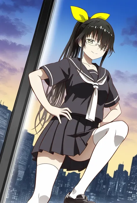 1girl, solo, sakuya ayame, green eyes, glasses, hair over one hair, black hair, long hair, ponytail, hair ribbon, yellow ribbon, collarbone, 
black serafuku, white necktie, black skirt, white thighhighs, black footwear, loafers,
knee-up shot, hands on hips...