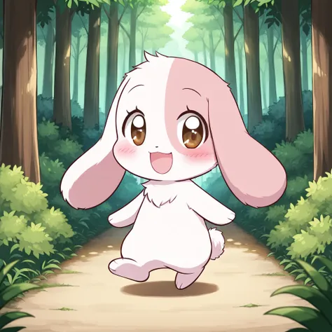 best quality, masterpiece, hhcmallow, furry, solo, no humans, female, lop ear, rabbit, chibi, digitigrade, biped, light pink body, dark pink patch over right eye, blush lines, brown eyes, smile, open mouth, looking aside, looking at viewer, walking, detail...