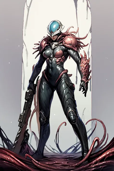 , living armor, biopunk,  <lora:biopunk:1> biopunk, solo, weapon, simple background, bodysuit, science fiction, helmet, tentacles, , source_anime, score_9_up, score_7_up, score_8_up