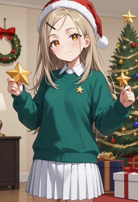 score 9, score 8 up, (masterpiece), best quality, expressive eyes, perfect face, hiro_s, looking at viewer, green sweater, hat, hair ornament, santa hat, sweater, hairclip, skirt, christmas tree, holding, christmas, white skirt, star (symbol), long sleeves...