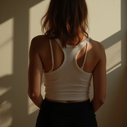 sunlight, white shirt, black sweater, hands in pockets, sports bra, lya, blurry background, depth of field, steam, cleavage, t-shirt