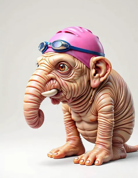 doudou an animated elephant wearing a pink swimming cap and goggles, set against a white background. <lora:doudouille:1>