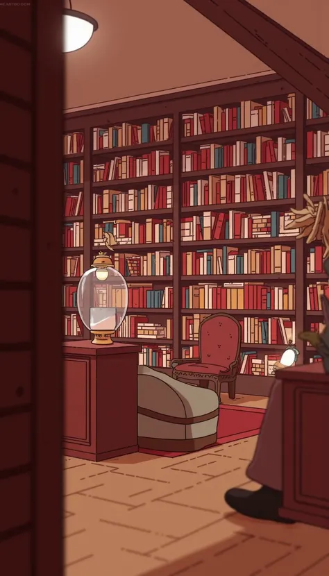 hildaserie, cartoon, detailed, 

interior, library, cozy, wooden shelves, books, comfortable seating, warm lighting, inviting atmosphere

, no humans, epic, scenery, blurry, building, depth of field, intricate, natural light, dynamic palette 