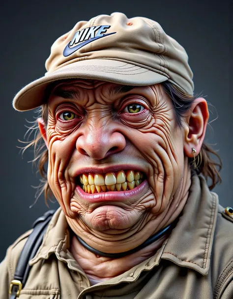 doudou,A grotesque 3D-rendered caricature of a disheveled, voluptuous woman wearing a worn Nike cap, featuring exaggerated wrinkles, grotesquely large mouth with decaying yellow teeth, tattered clothes, hyperrealistic skin textures, dramatic studio lightin...