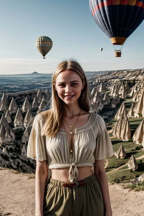 RAW Photo, European woman, ZM_darya, closeup, (shirt), pants, (Cappadocia Hot Air Balloons), gold necklace , smiling , wide shoulders, perfect face, (contact iris: 1.1), pale skin, skin pores , depth of field, Dramatic, 8k uhd, dslr, soft lighting, high qu...