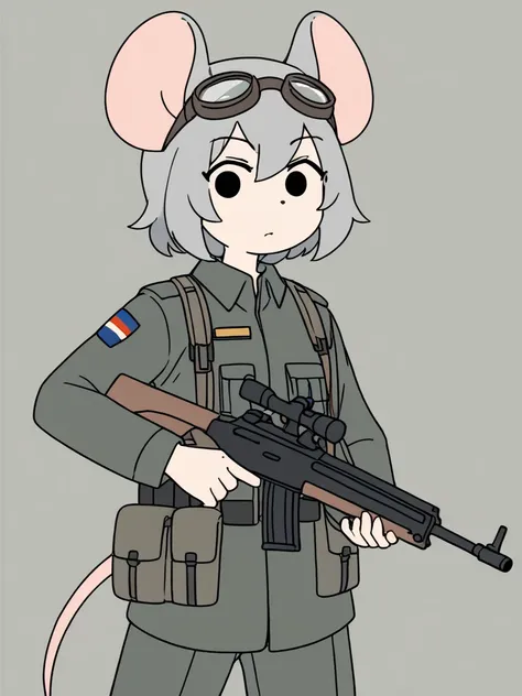 <lora:Juukyuu-PonyXL-1024px-v1.0:1.0>
score_5_up,
1girl, solo, black eyes, holding rifle, military, uniform, mouse ears, mouse_tail, grey hair, goggles on head, simple background