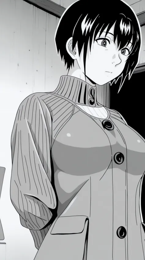 masterpiece, best quality, indoors, cinematic lighting, amazing quality, very aesthetic, absurdres, best quality, newest, year 2023, manga, monochrome, greyscale  Kaguya Shuzuku, Ribbed wintercoat, solo, arms behind back,    <lora:JN_Kaguya_Shuzuku_Illus:0...