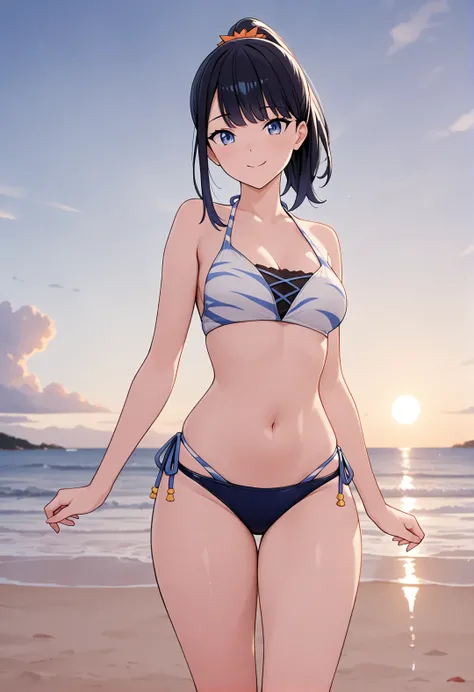 masterpiece, best quality, newest, absurdres, highres, Rikka Takarada, unique swimsuit, navel, midriff, looking at viewer, cute, dutch tilt, cinematic, standing, smile, low angle, legs, beach, water, sand, clouds, sunrise, dark, warm light,
<lora:Rikka Tak...