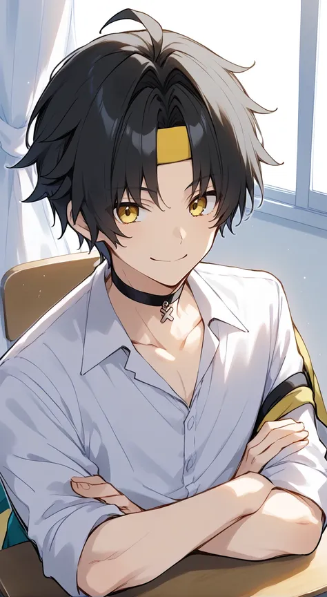 1boy,solo,male focus,asaba harumasa,black hair,short hair,yellow eyes,choker,hairband,collared shirt,white shirt,collarbone,smile,clothes around waist,upper body,on desk,crossed arms