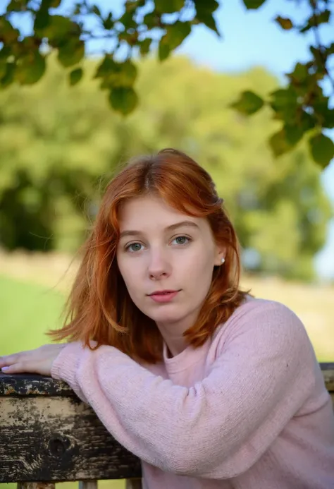 {    "T5": "A high-quality photo of Lily Fleur, a mid-twenties woman with fiery red hair, captured in a portrait crop focusing on her captivating face. The scene is set outdoors on a warm sunny day, with a gentle breeze rustling the leaves of the nearby tr...