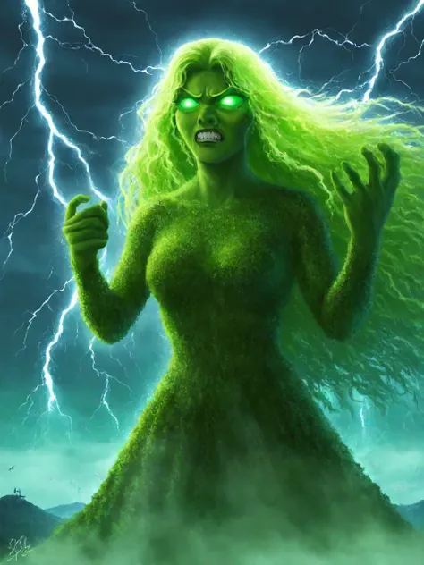 score_9, score_8_up, score_7_up, BREAK, T3F1t1, 1girl, solo, long hair, green eyes, green hair, colored skin, green skin, giant, standing on island, night, moon, fog, moonlight, angry face, glowing eyes, hands up, lightning, night, storm, thunderstorm, tsu...