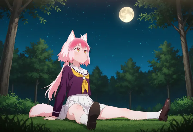 masterpiece, best quality, absurdres, newest, very aesthetic, amazing quality, highres, sensitive, full body, solo, 1girl, <lora:Ranka_Ookami_-_ILL:1>, ranka, red eyes, yellow eyes, pink hair, long hair, animal ears, wolf ears, animal ear fluff, school uni...