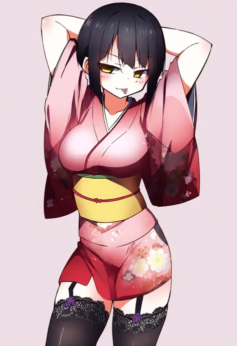 1girl, yellow eyes, solo, black hair, short hair, detailed eyes,
smile, seductive, :P, tongue out,
pink kimono, japanese clothes, floral print, stockings,
arms up, arms behind head, cowboy shot, looking at viewer,
outside,
 <lora:TakeNucoIL-style:1>, taken...