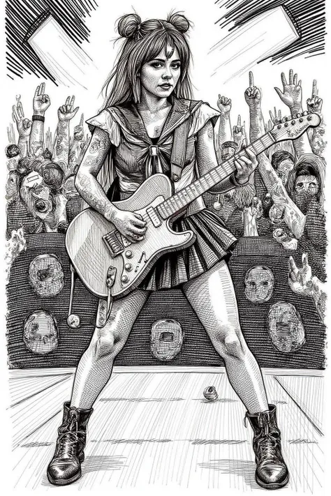 crosshatch black and white drawing.
Full body shot of punk sailor moon playing a guitar at a heavy metal mosh pit, tattoos, pearcing.
 <lora:crosshatch2_nocap_d6a3:1.0><lora:809154658980507205:0>