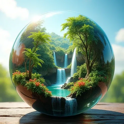 Create a high-quality, hyper-realistic, and extremely detailed image of a lush jungle and a cascading waterfall contained within a glass orb. The orb is slightly zoomed out to showcase its entire spherical shape, with the dense jungle and waterfall promine...