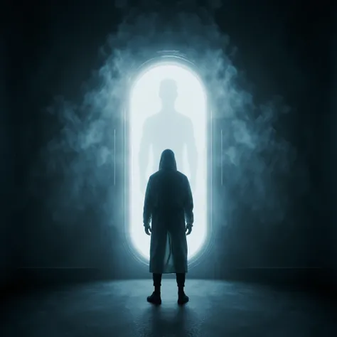 Hyperrealistic art of  <lora:Cryonics style v1:0.9>
Cryonics a black man in protective lab coat standing in front of a portal inside a fog room with a portal door open, solo, indoors, steam, door, horror (theme), fog
, Extremely high-resolution details, ph...