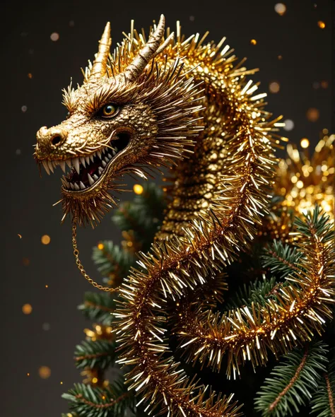 Photo of Christmas tinsel strands wrapping around a ultra realistic huge illustration,golden dragon from ancient age, beautiful nature,summer, majestic,8k, unreal engine 5, masterpiece.