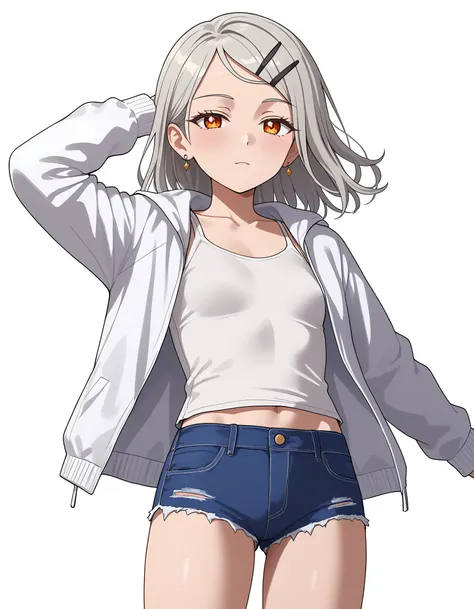 (masterpiece), best quality, expressive eyes, perfect face, hiro_s, looking at viewer, silver earrings, white jacket, white shirt, denim, micro shorts, arm at side, round earrings, small breasts, hairclip, black hairclip, <lora:61113052-b5d7-4ed1-8ece-4411...