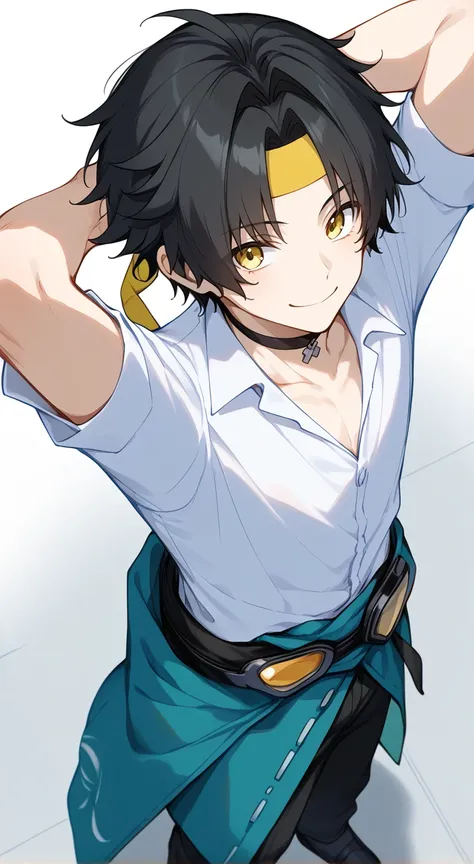 1boy,solo,male focus,asaba harumasa,black hair,short hair,yellow eyes,choker,hairband,collared shirt,white shirt,collarbone,smile,clothes around waist,pants,arms behind head,from above,from side,cowboy shot