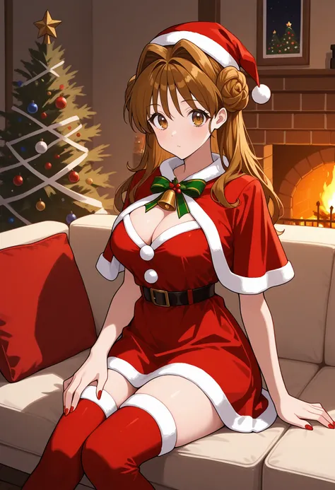 masterpiece,best quality, ,<lora:kmaron:1> kmaron, 1girl, solo, brown eyes, brown hair, double bun, hair intakes,alternate costume, 
1girl, christmas, christmas tree, indoors, fireplace, couch, cozy, christmas dress, christmas headwear, hands on thighs, re...