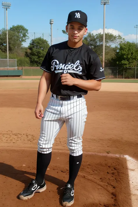 afternoon, blue sky, (baseball field), standing, CorbinColby, slight smile, baseballplayer, black baseball uniform with white pinstripes, black jersey with white pinstripes, wearing black baseball cap, (white pants), black socks, biracial man, ((full body ...