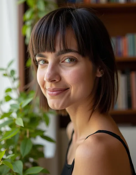 A close-up portrait of M4R14 sitting by her window, with soft natural light gently illuminating her face and creating subtle shadows. She has a relaxed, genuine smile, and her slightly tousled hair adds to her natural charm. She is dressed in casual clothe...