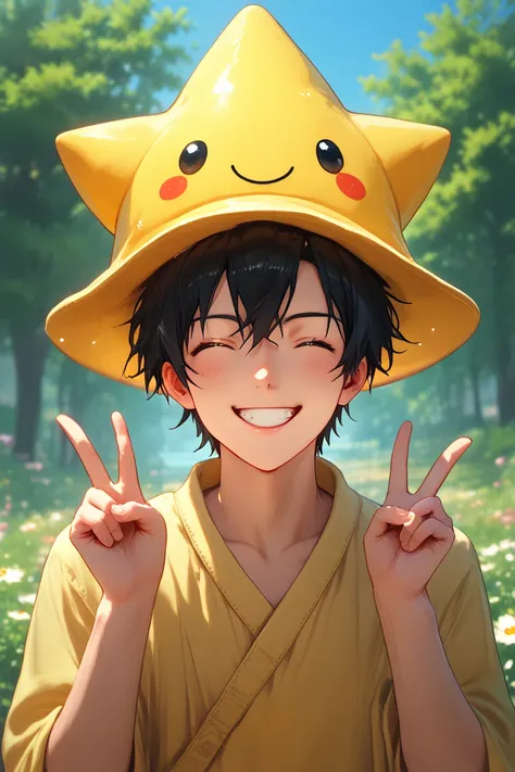 score_9, score_8_up, score_7_up, source_anime, rating_safe, realistic shading, natural lighting, male focus, double v, looking at viewer, happy expressive face, black hair, closed eyes, 1boy, star-shaped hat focus. wide smile, grin, teeth, DaSH, yellow-bla...