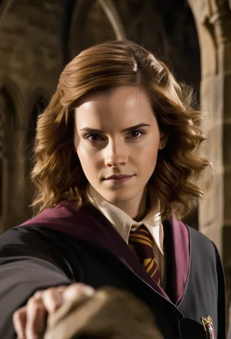 a photo of emma_watson_(harry_potter), brown hair,upper body, photorealistic,smile,RAW color photo,(fully in frame:1.1), looking at viewer,(goosebumps:0.5),wearing a hogwarts school uniform,castle <lora:emma_watson_(harry_potter):1>