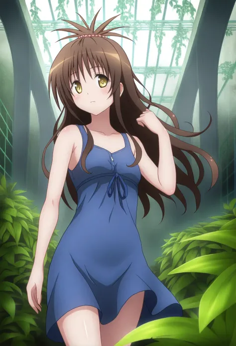 <lora:Mikan Yuuki - [To Love Ru] - illustriousXL v1:1>, sysdeep_mikan, borwn hair, yellow eyes, solo, Abandoned greenhouse, loose dress, surrounded by wild plants