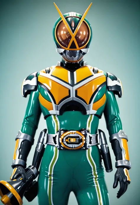 masterpiece, best quality, 32k, high resolution, absurdres, solo, armor, tokusatsu, bodysuit, helmet, rider belt, megaphone, green bodysuit