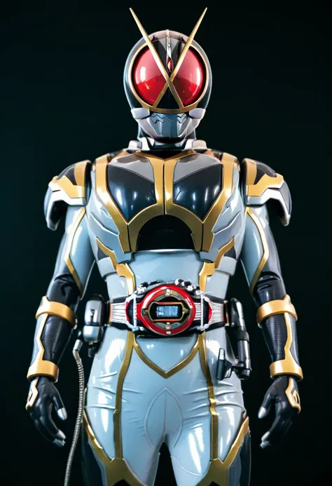 masterpiece, best quality, 32k, high resolution, absurdres, solo, armor, tokusatsu, bodysuit, helmet, rider belt, antique phone, silver bodysuit, gold trim, axel, rainbow trim, red eyes