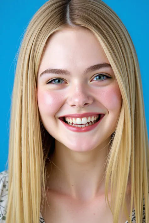 ElleFanning, high quality, HD photoshoot, natural,
long hair, blonde hair, gray eyes, smile, teeth,
simple blue background, sharp focus, detailed eyes, detailed skin texture, soft natural light
