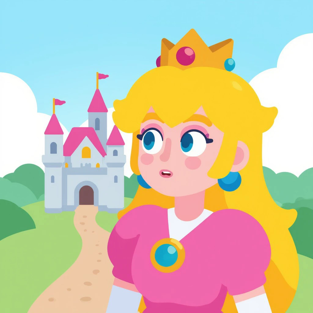 flat cartoon, castle background, princess peach from super mario, face closeup