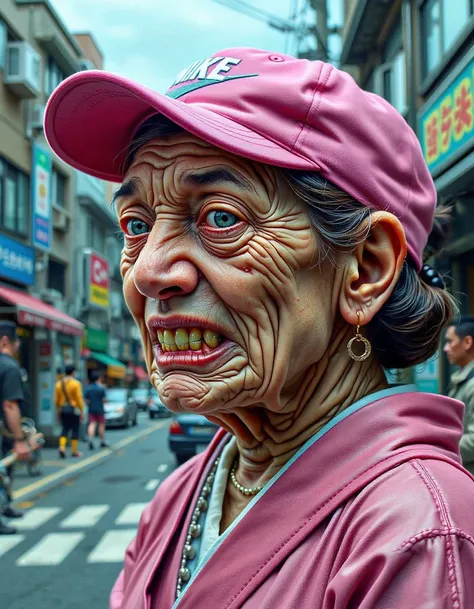 doudou,A grotesque Hyperrealistic digital portrait: disheveled woman in neon-pink Nike cap, grotesque features with deep wrinkles, decaying teeth visible through grimacing mouth. Traditional pink kimono contrasts gritty urban backdrop. Harsh street lightin...