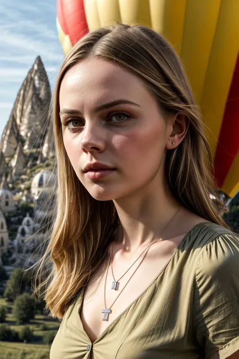 RAW Photo, European woman, ZM_darya, closeup, (shirt), pants, (Cappadocia Hot Air Balloons), cross necklace , (), wide shoulders, perfect face, (contact iris: 1.1), pale skin, skin pores , depth of field, Dramatic, 8k uhd, dslr, soft lighting, high quality...